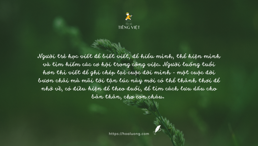 Người trẻ học viết để biết viết, để hiểu mình, thể hiện mình và tìm kiếm các cơ hội trong công việc. Người luống tuổi hơn thì viết để ghi chép lại cuộc đời mình - một cuộc đời bươn chải mà mãi tới tận lúc này mới có thể thảnh thơi để nhớ về, có điều kiện để theo đuổi, để tìm cách lưu dấu cho bản thân, cho con cháu.