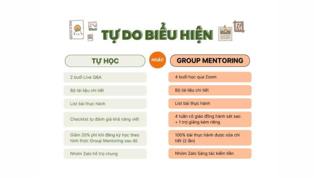 Khóa học viết căn bản Tự do Biểu hiện với 2 hình thức học, 2 mức phí mang đến nhiều lựa chọn hơn cho bạn.