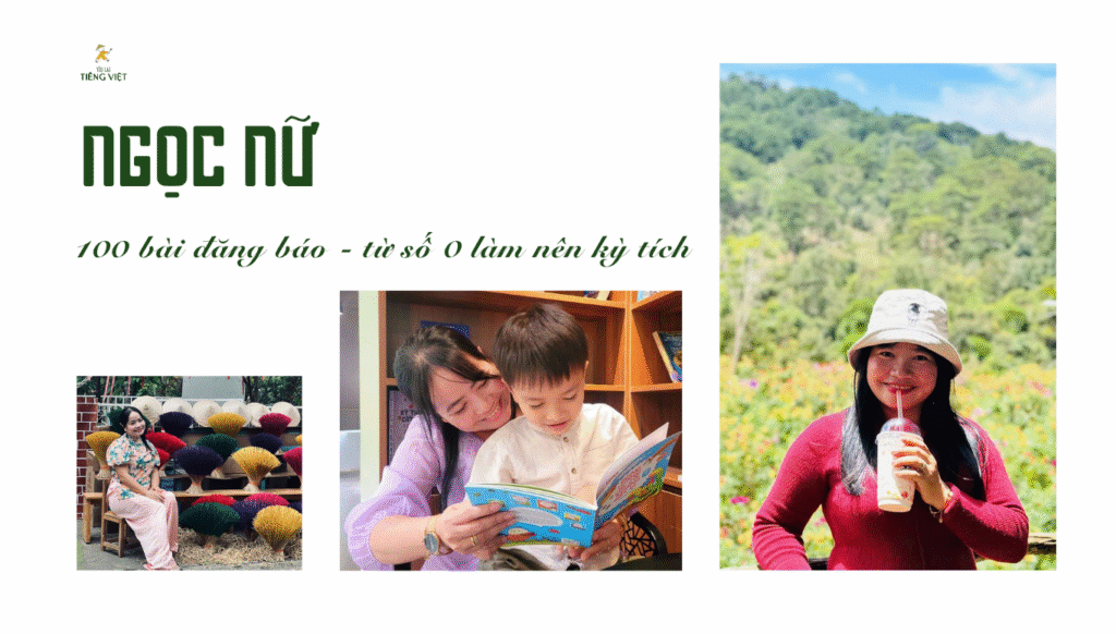 Chị Ngọc Nữ - học viên các khóa học viết văn của Hòa đã cán mốc 100 bài đăng báo trong vòng 14 tháng.