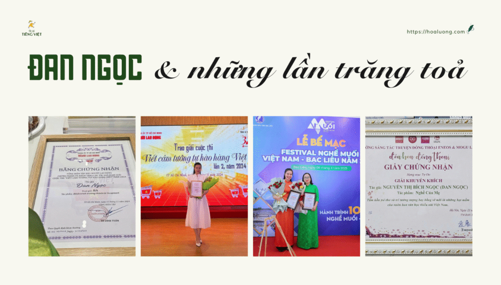 Từ học viên, chị Đan Ngọc đã trở thành trợ giảng trong các khoá học viết của Hoà Lương, quản trị viên của cộng đồng Yêu lại tiếng Việt, nhận được các giải thưởng uy tín về viết lách và có hơn 80 bài viết đăng trên các báo.