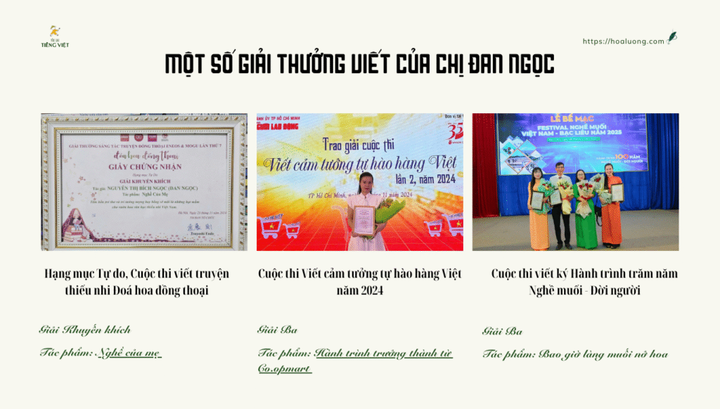 Từ học viên, chị Đan Ngọc đã trở thành trợ giảng trong các khoá học viết của Hoà Lương, quản trị viên của cộng đồng Yêu lại tiếng Việt, nhận được các giải thưởng uy tín về viết lách và có hơn 80 bài viết đăng trên các báo.
