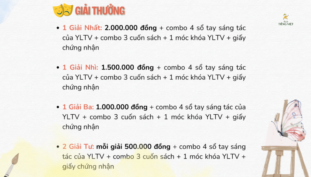 Cuộc thi viết truyện ngắn 2025 của Yêu lại tiếng Việt diễn ra từ ngày 01/09/2025 đến hết ngày 30/06/2026. Chủ đề: Muôn mặt gia đình. Độ dài: 2000 - 5000 từ.