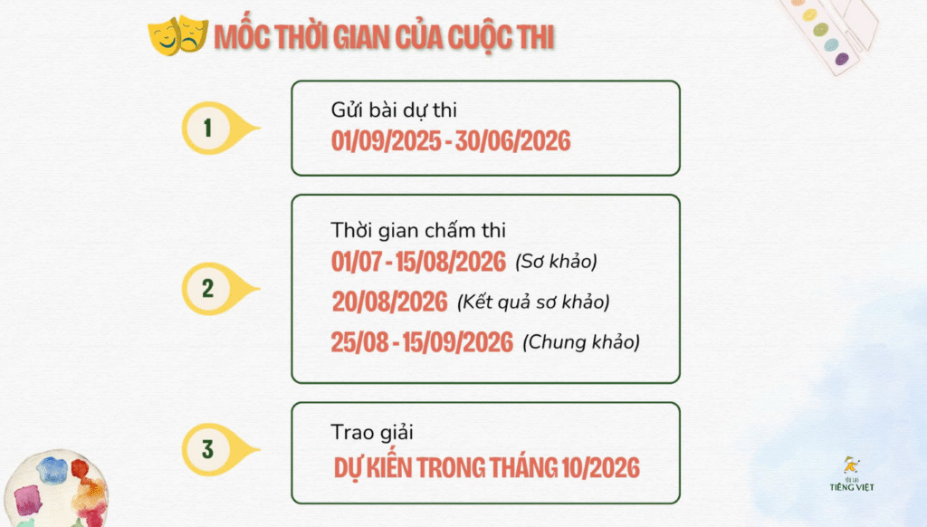 Cuộc thi viết truyện ngắn 2025 của Yêu lại tiếng Việt diễn ra từ ngày 01/09/2025 đến hết ngày 30/06/2026. Chủ đề: Muôn mặt gia đình. Độ dài: 2000 - 5000 từ.
