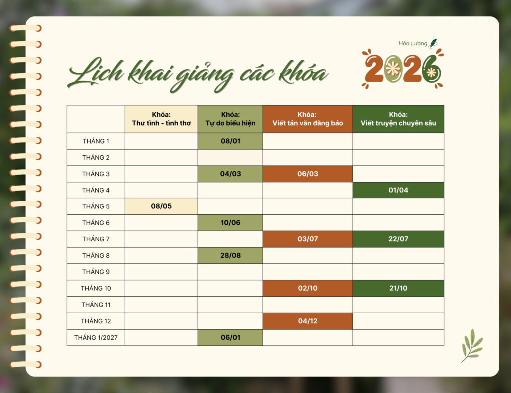 Lịch khai giảng các khoá học viết và khoá học viết tản văn, truyện ngắn trong năm 2026 của Hoà Lương